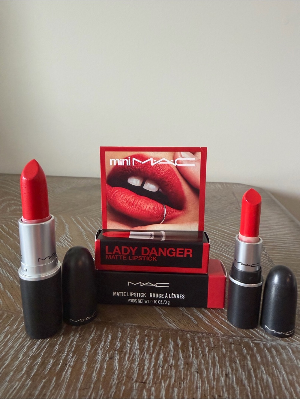 New in box 2 piece MAC Cosmetics Lady Danger Matte Lipsticks- full size & mini